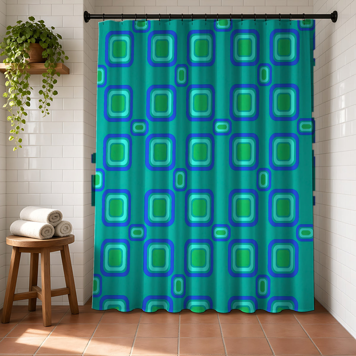 Big Ripple Squares Shower Curtain in a bright bathroom with white tiles and a terracotta floor