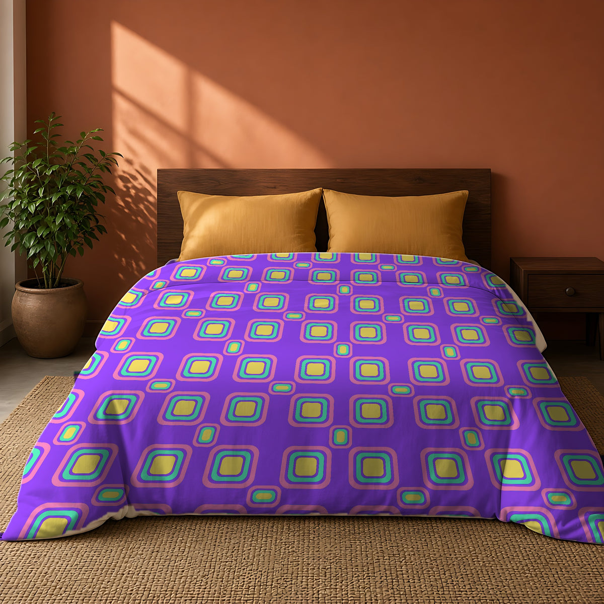 Big Ripple Squares Comforter on a king bed against a warm terracotta wall