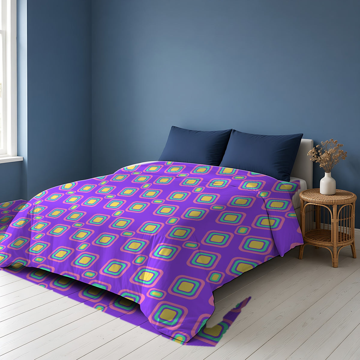 Big Ripple Squares Cotton Duvet Cover on a bed in a Scandinavian blue bedroom