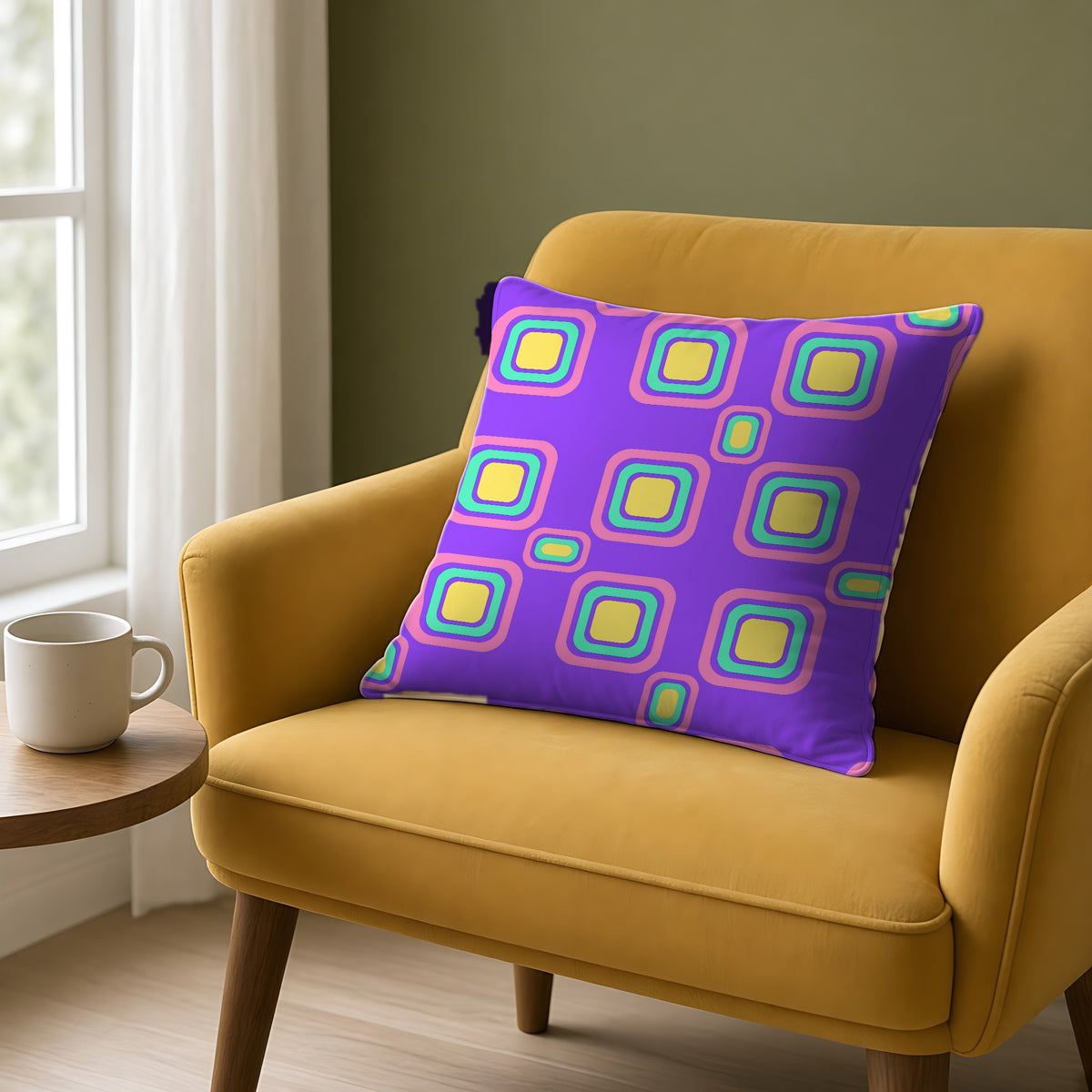 Big Ripple Squares Faux Suede Cushion on a mustard armchair by a window