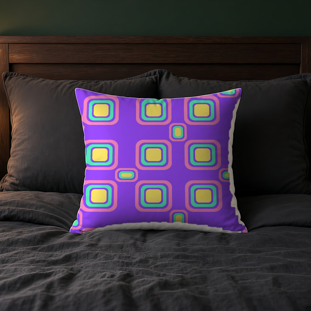 Big Ripple Squares Faux Suede Cushion on a bed with charcoal bedding
