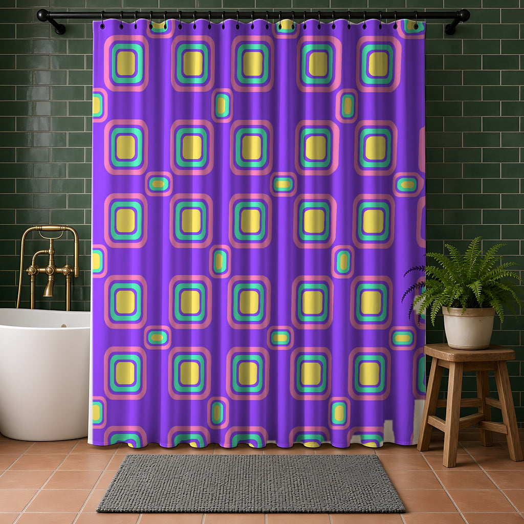 Big Ripple Squares Shower Curtain in a bathroom with dark green tiles