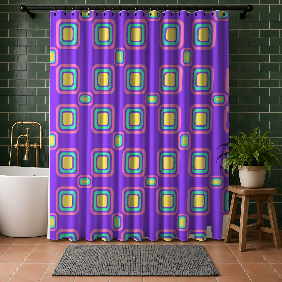 Big Ripple Squares Shower Curtain in a bathroom with dark green tiles