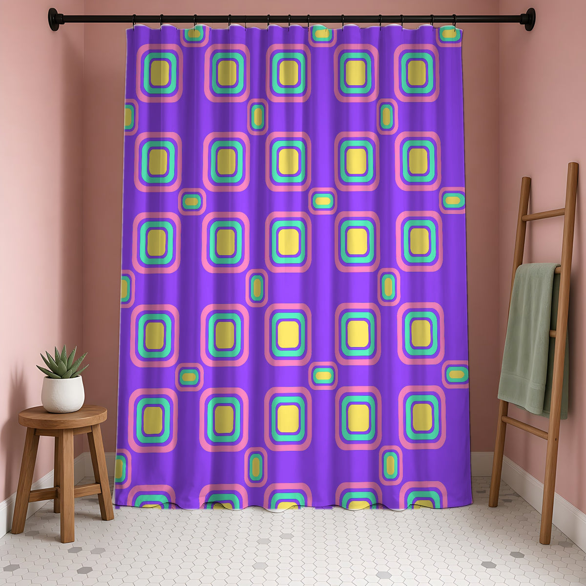 Big Ripple Squares Shower Curtain in a blush-pink bathroom