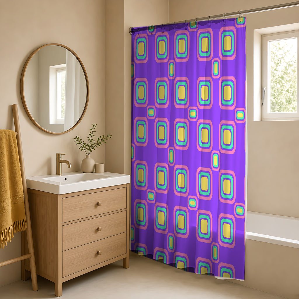 Big Ripple Squares Shower Curtain in a warm neutral bathroom with an oak vanity