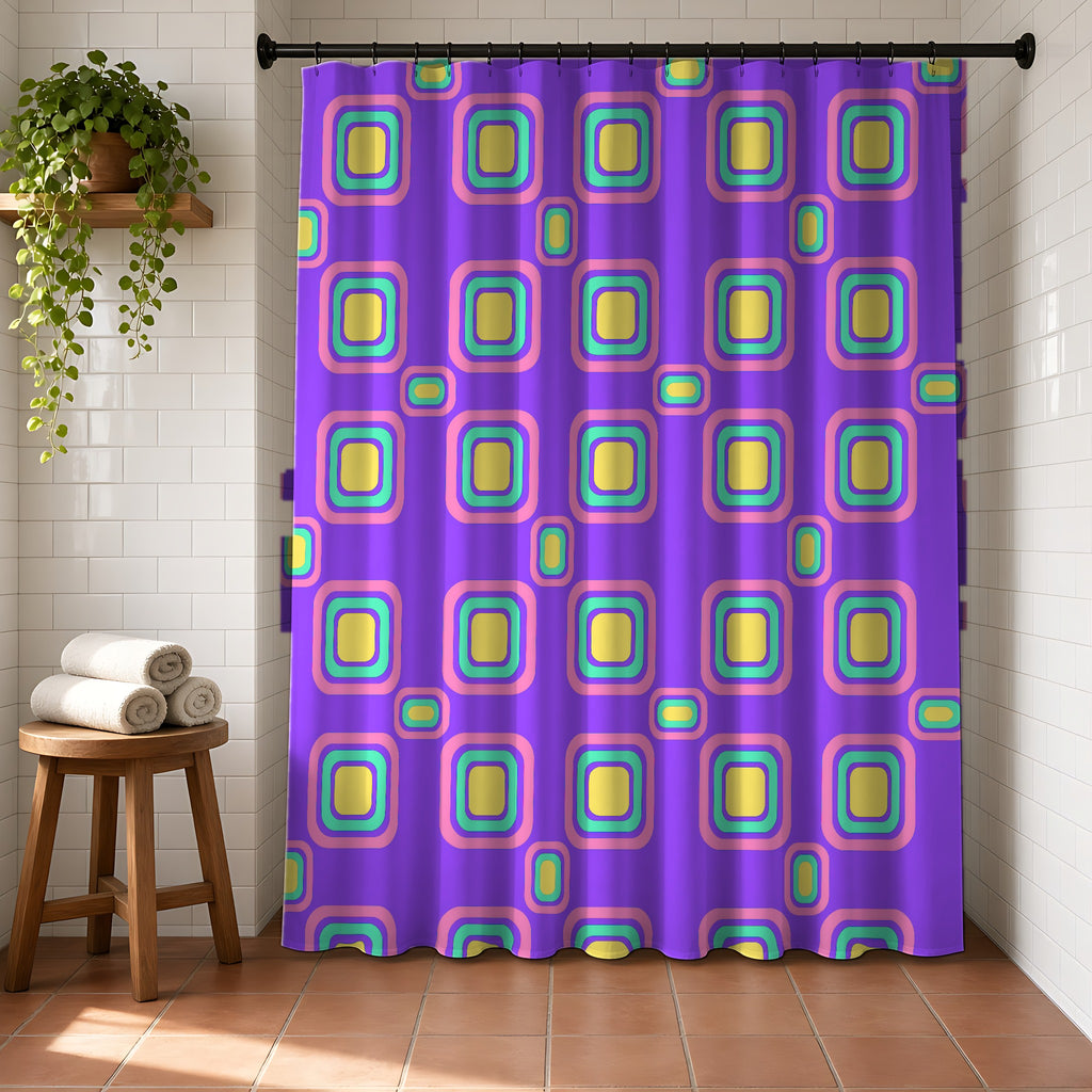 Big Ripple Squares Shower Curtain in a bright bathroom with white tiles and a terracotta floor