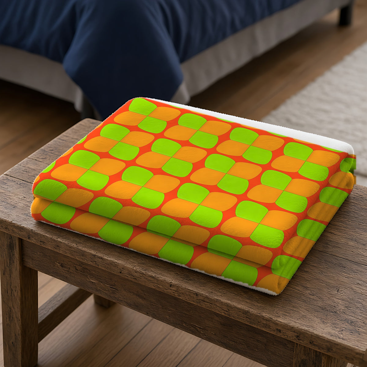 Bold Bulge Checker Sherpa Fleece Blanket folded on a wooden bench