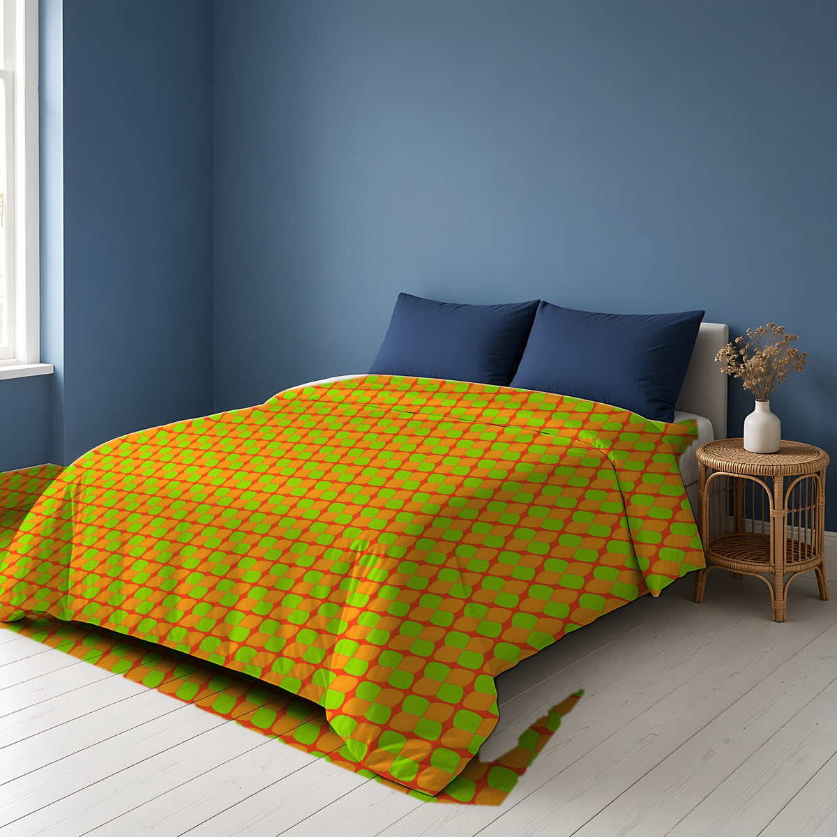 Bold Bulge Checker Cotton Duvet Cover on a bed in a Scandinavian blue bedroom