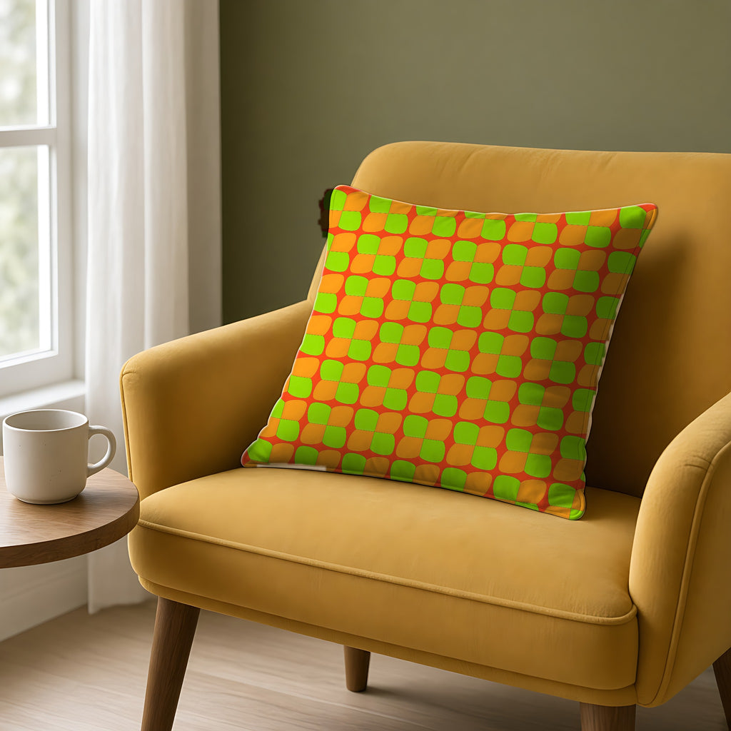 Bold Bulge Checker Faux Suede Cushion on a mustard armchair by a window