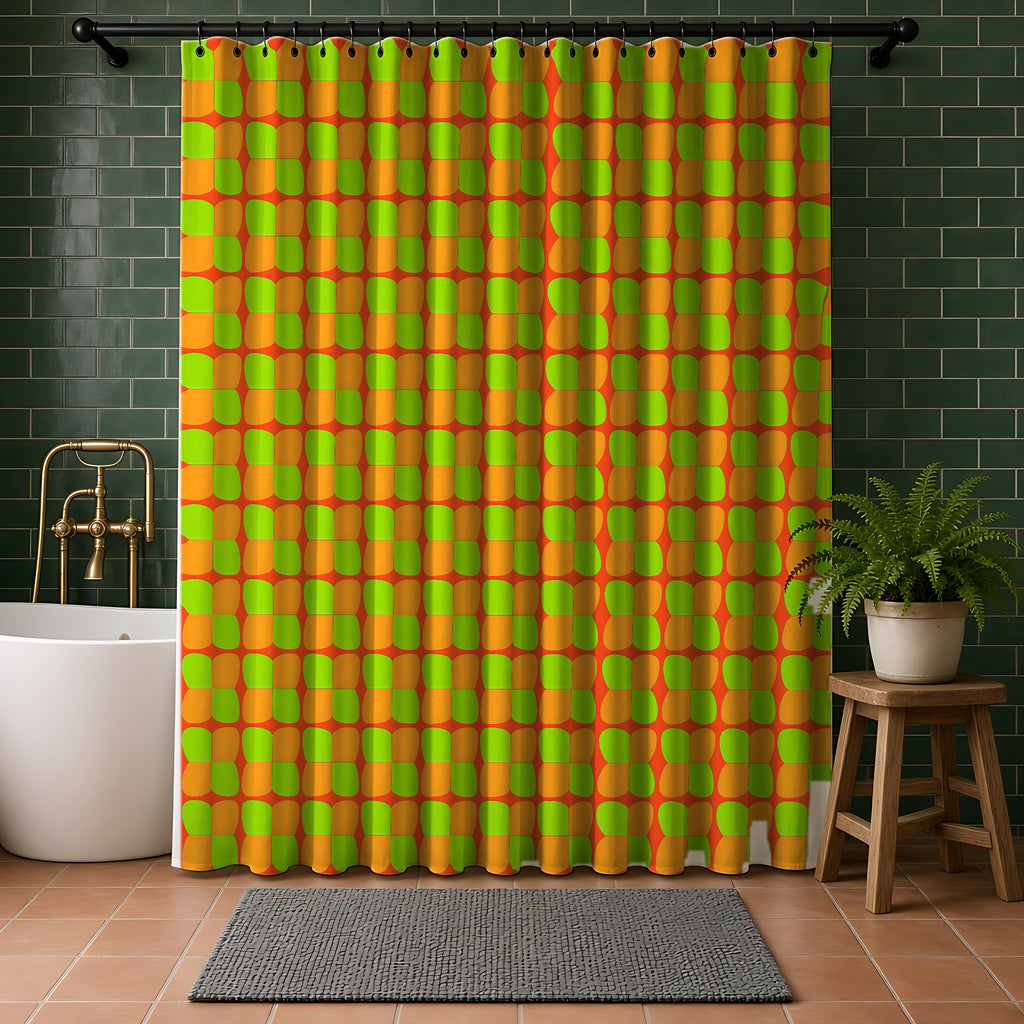 Bold Bulge Checker Shower Curtain in a bathroom with dark green tiles