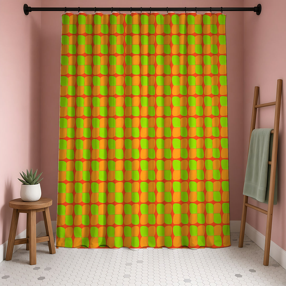Bold Bulge Checker Shower Curtain in a blush-pink bathroom