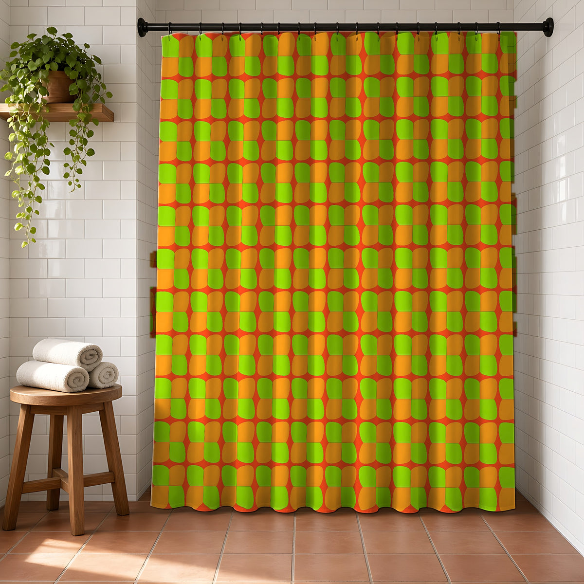 Bold Bulge Checker Shower Curtain in a bright bathroom with white tiles and a terracotta floor