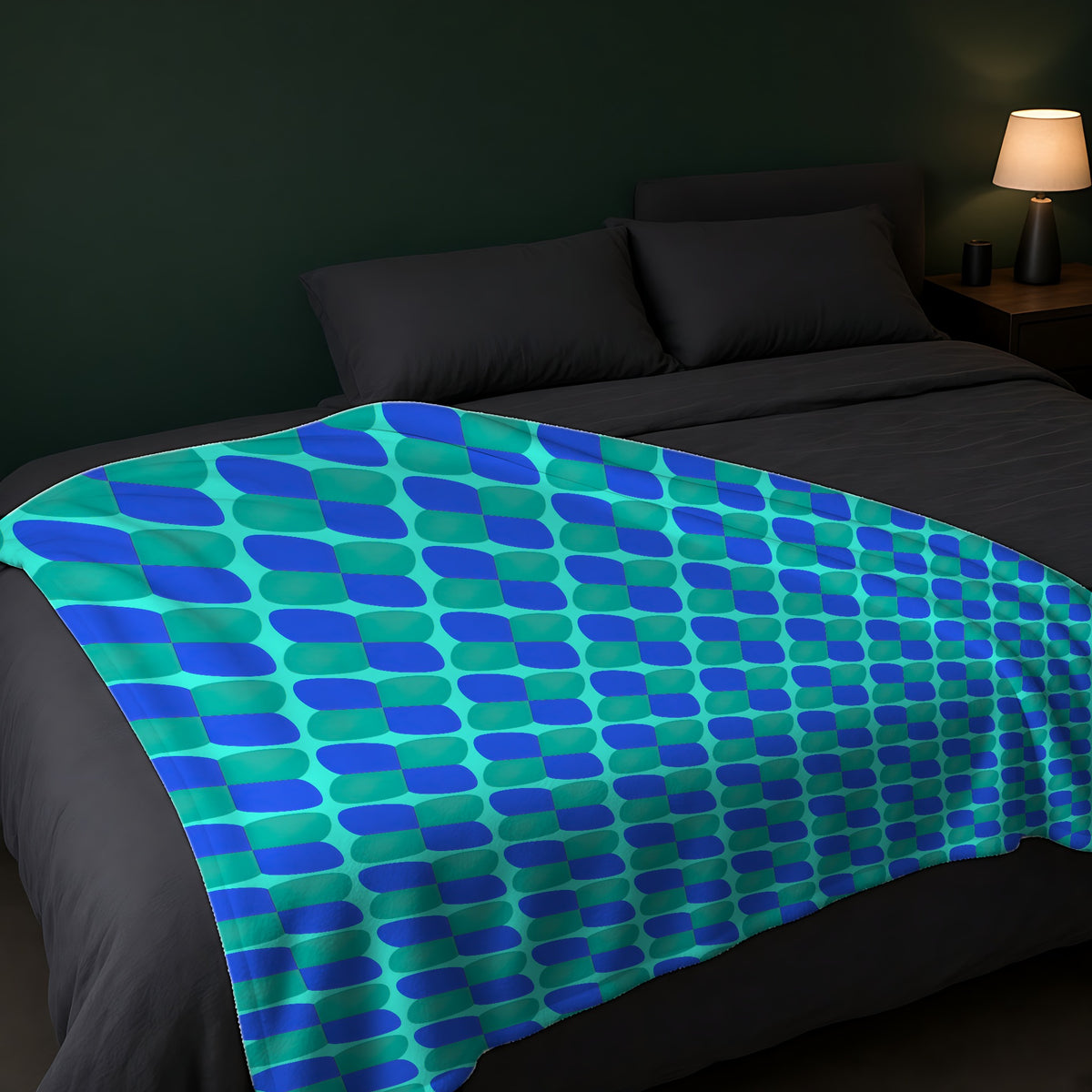 Bold Bulge Checker Sherpa Fleece Blanket across the foot of a dark bed