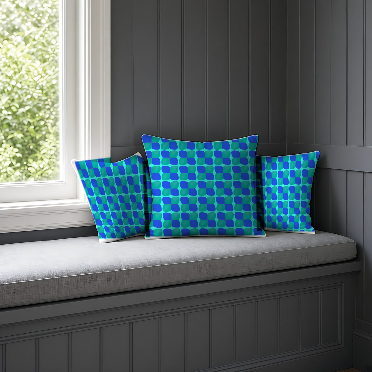 Bold Bulge Checker Faux Suede Cushion on a window seat