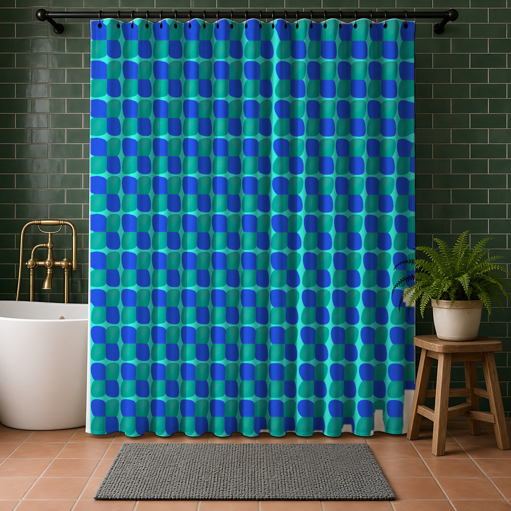 Bold Bulge Checker Shower Curtain in a bathroom with dark green tiles
