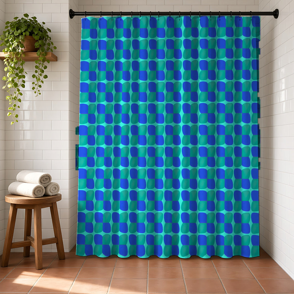 Bold Bulge Checker Shower Curtain in a bright bathroom with white tiles and a terracotta floor