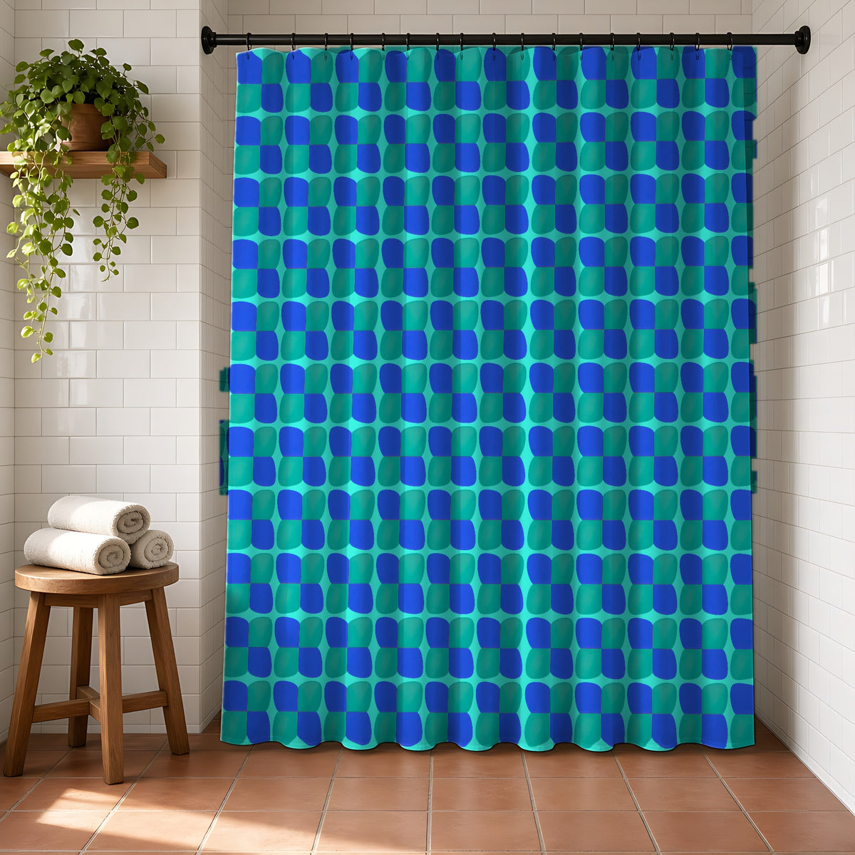 Bold Bulge Checker Shower Curtain in a bright bathroom with white tiles and a terracotta floor