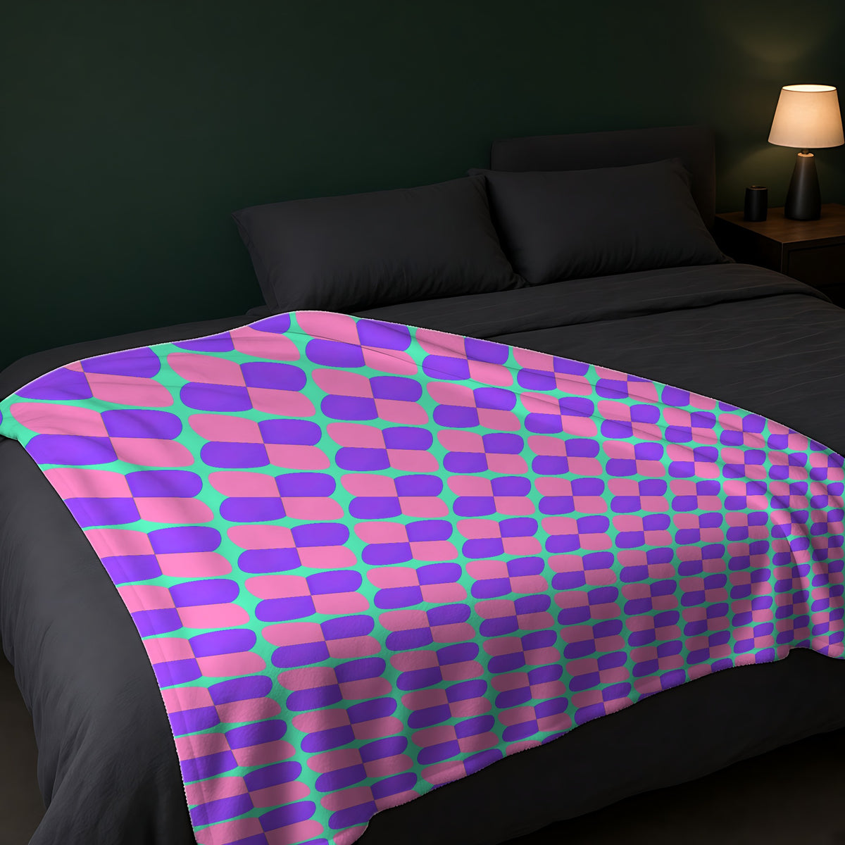 Bold Bulge Checker Sherpa Fleece Blanket across the foot of a dark bed