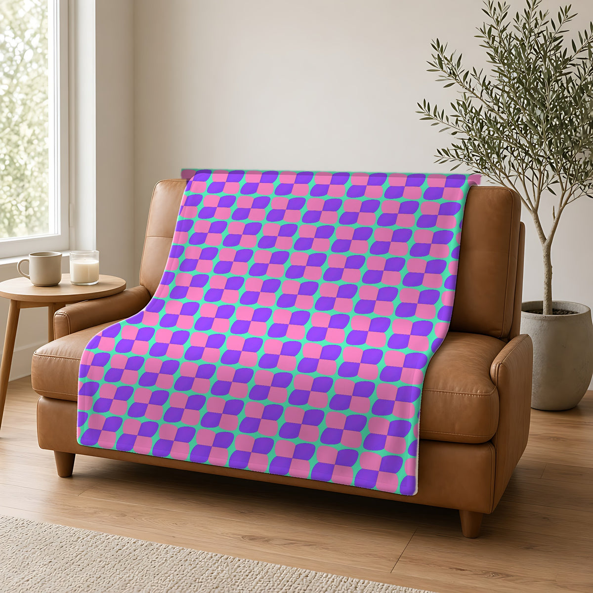 Bold Bulge Checker Sherpa Fleece Blanket draped over a caramel leather sofa