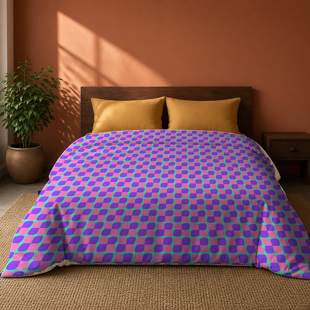Bold Bulge Checker Comforter on a king bed against a warm terracotta wall