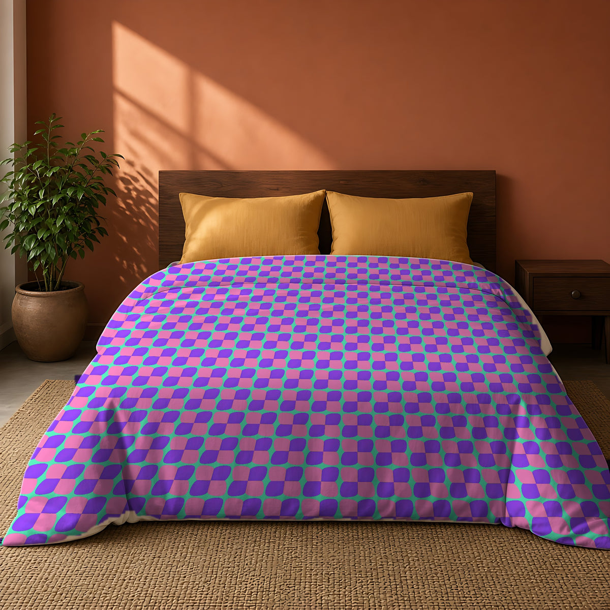 Bold Bulge Checker Comforter on a king bed against a warm terracotta wall