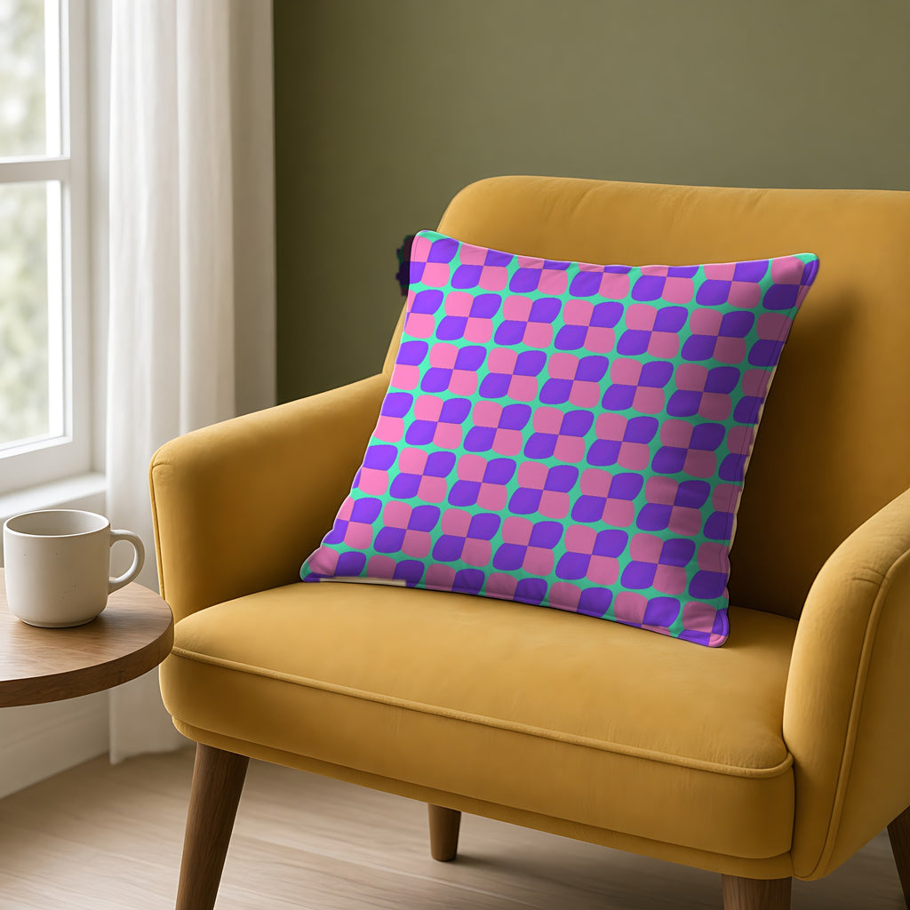 Bold Bulge Checker Faux Suede Cushion on a mustard armchair by a window