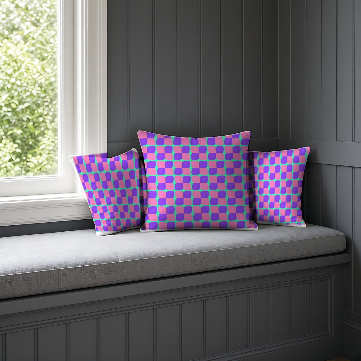Bold Bulge Checker Faux Suede Cushion on a window seat