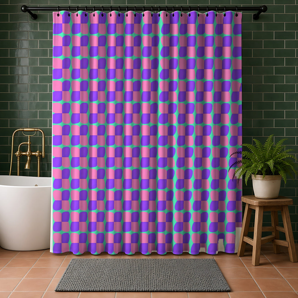 Bold Bulge Checker Shower Curtain in a bathroom with dark green tiles