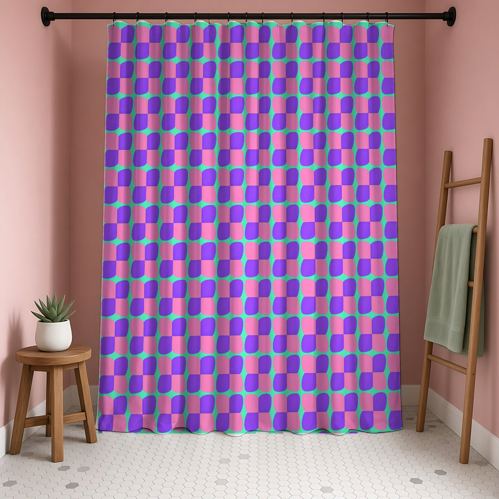 Bold Bulge Checker Shower Curtain in a blush-pink bathroom