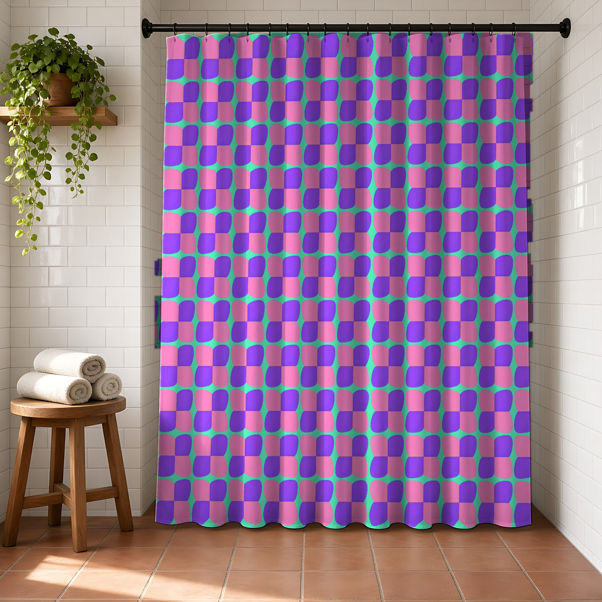 Bold Bulge Checker Shower Curtain in a bright bathroom with white tiles and a terracotta floor
