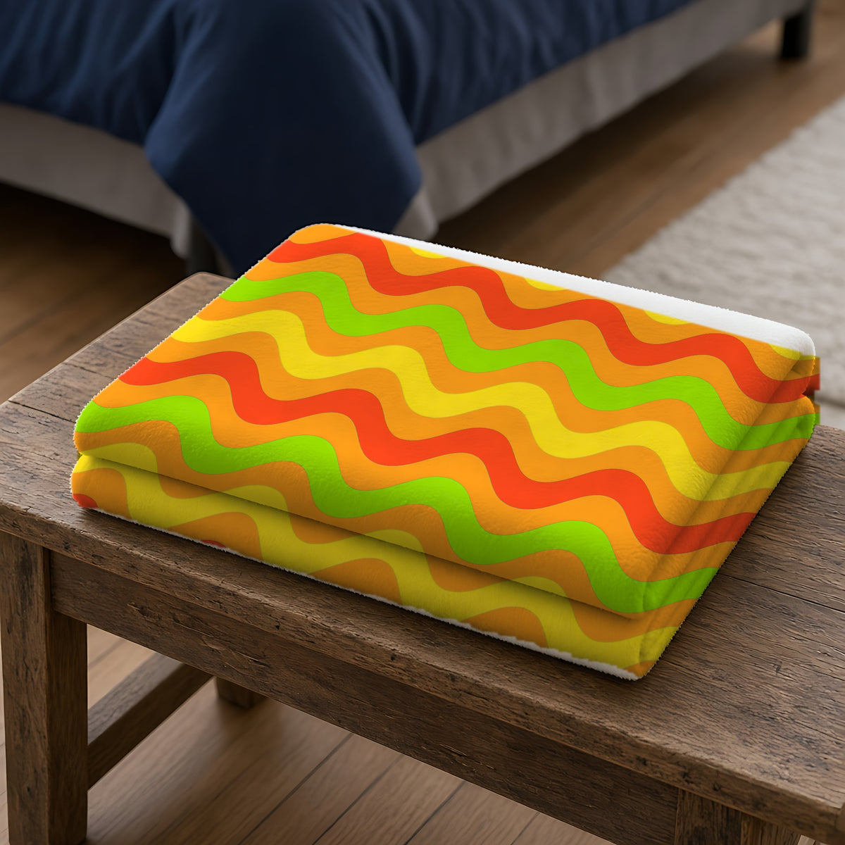 Big Ripple Chevrons Sherpa Fleece Blanket folded on a wooden bench