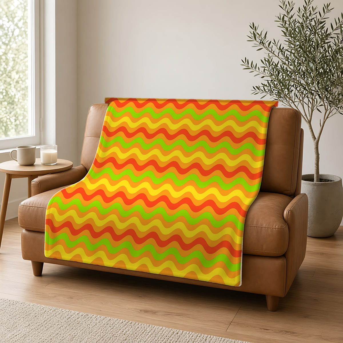 Big Ripple Chevrons Sherpa Fleece Blanket draped over a caramel leather sofa