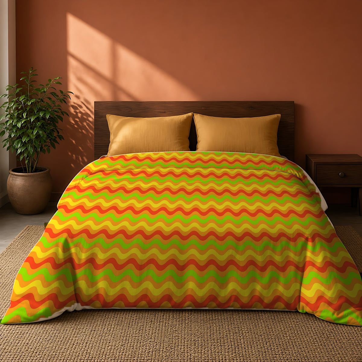 Big Ripple Chevrons Comforter on a king bed against a warm terracotta wall