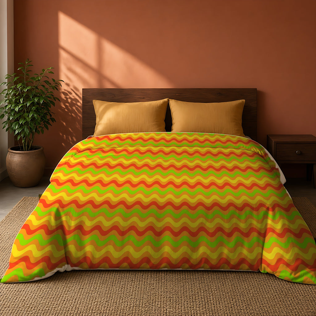 Big Ripple Chevrons Cotton Duvet Cover on a king bed against a warm terracotta wall