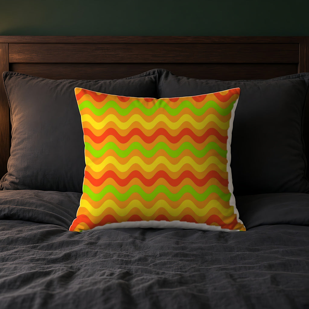Big Ripple Chevrons Faux Suede Cushion on a bed with charcoal bedding