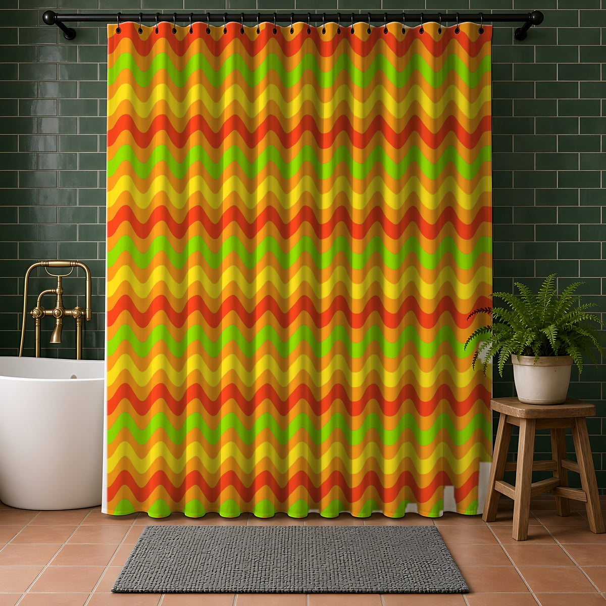 Big Ripple Chevrons Shower Curtain in a bathroom with dark green tiles