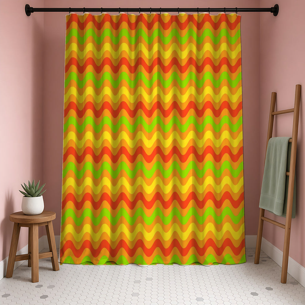 Big Ripple Chevrons Shower Curtain in a blush-pink bathroom