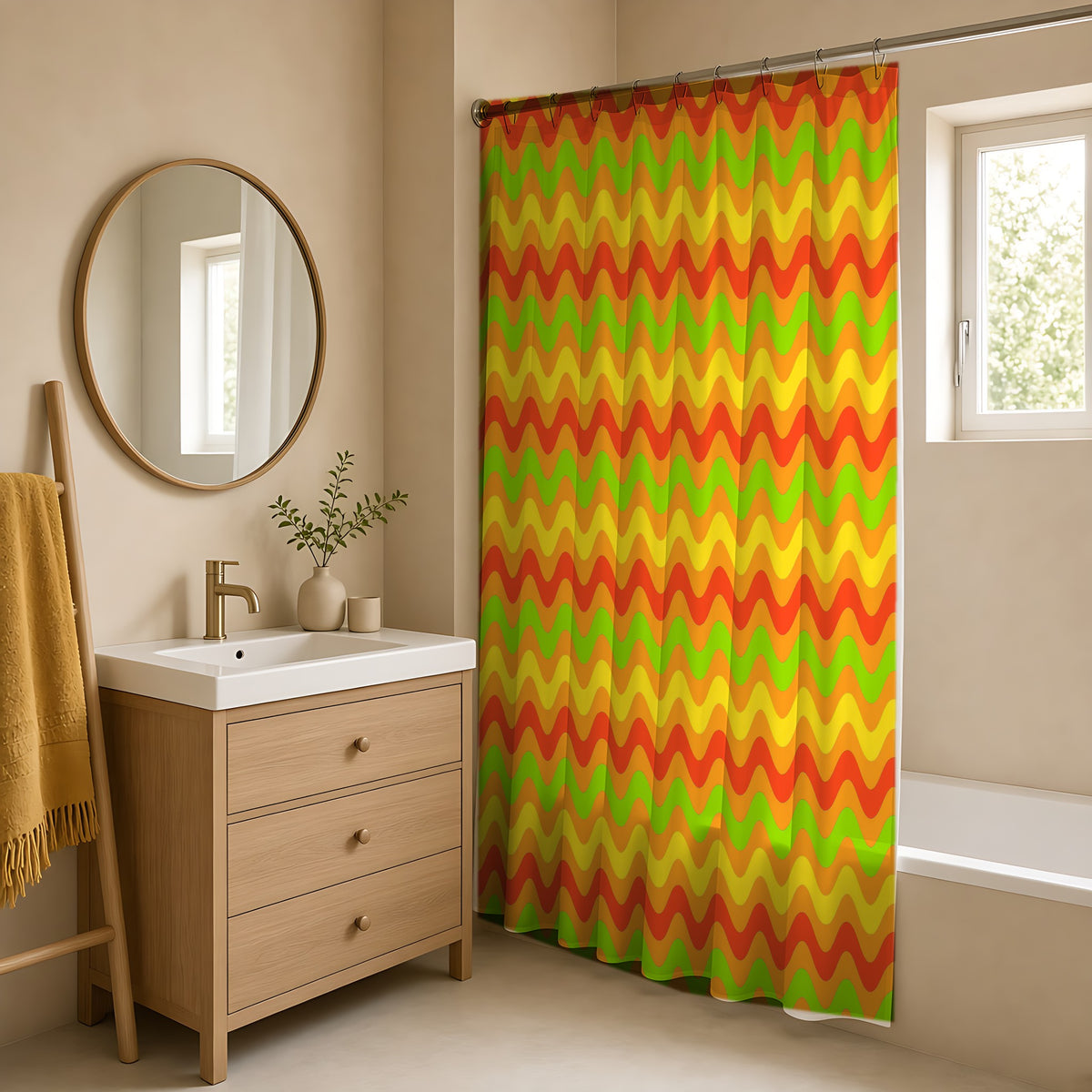 Big Ripple Chevrons Shower Curtain in a warm neutral bathroom with an oak vanity