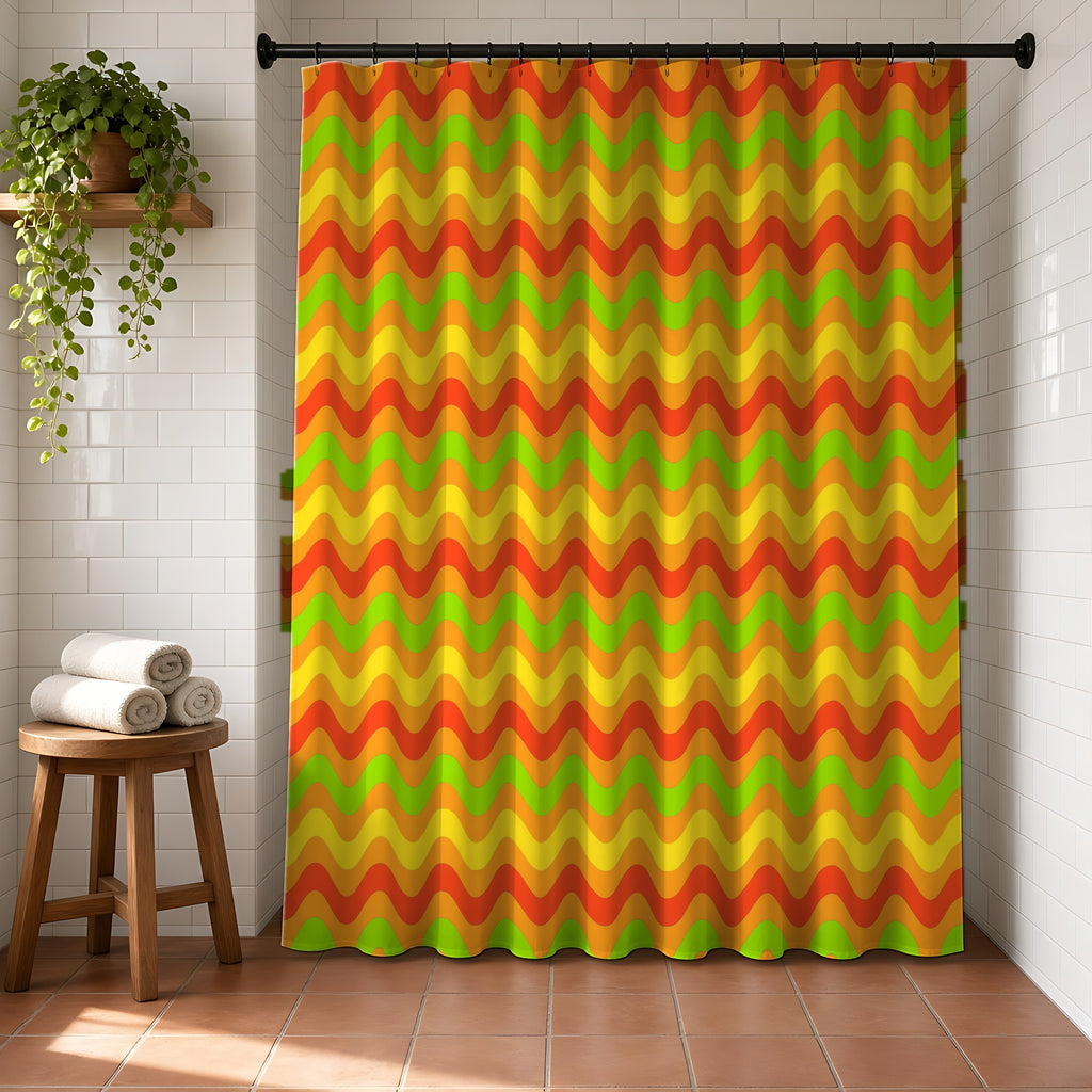 Big Ripple Chevrons Shower Curtain in a bright bathroom with white tiles and a terracotta floor