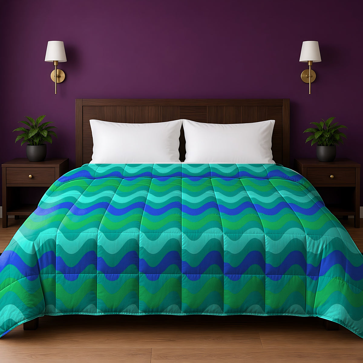 Big Ripple Chevrons Comforter in the Ocean Jewel palette, on a bed with a walnut headboard against a plum wall
