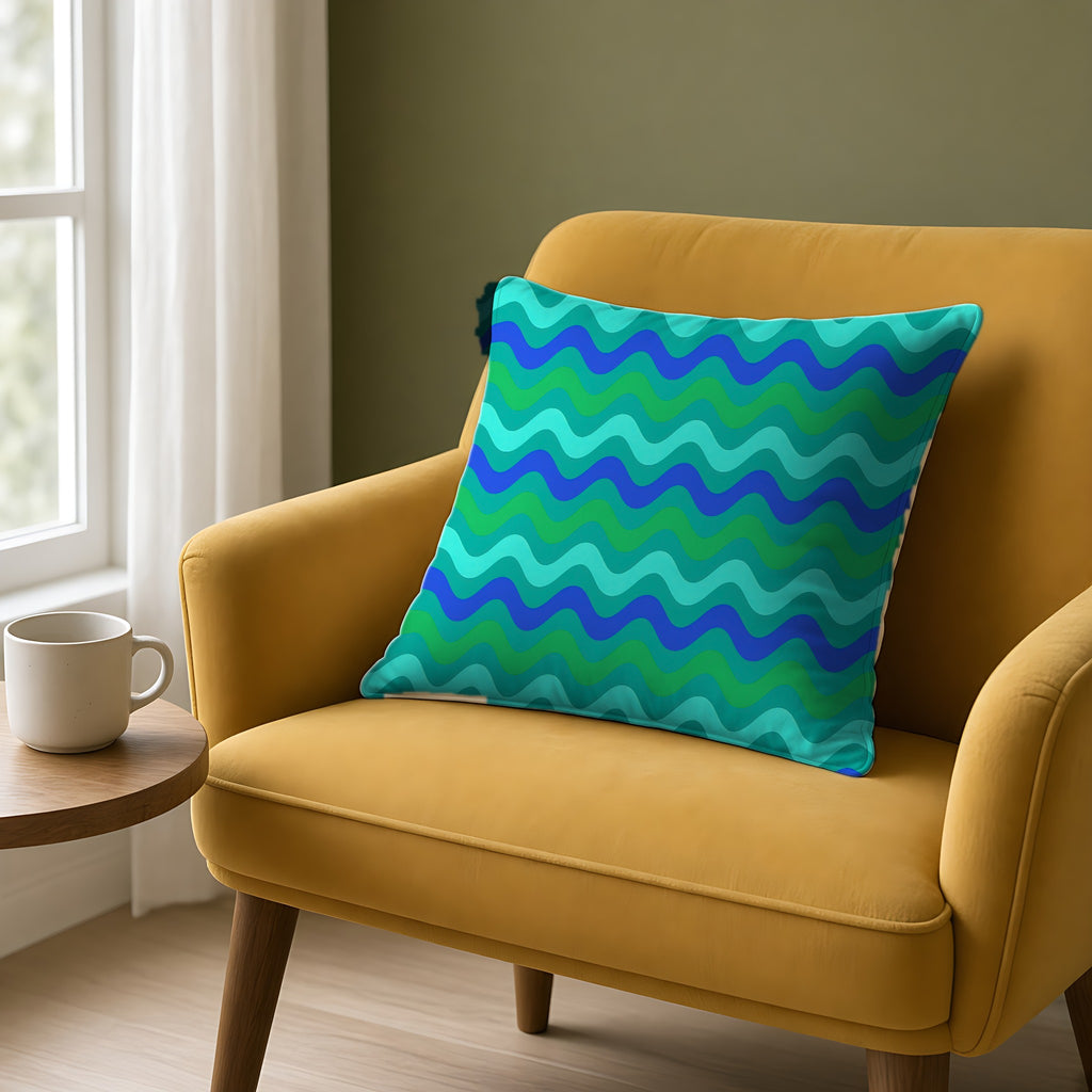 Big Ripple Chevrons Faux Suede Cushion on a mustard armchair by a window
