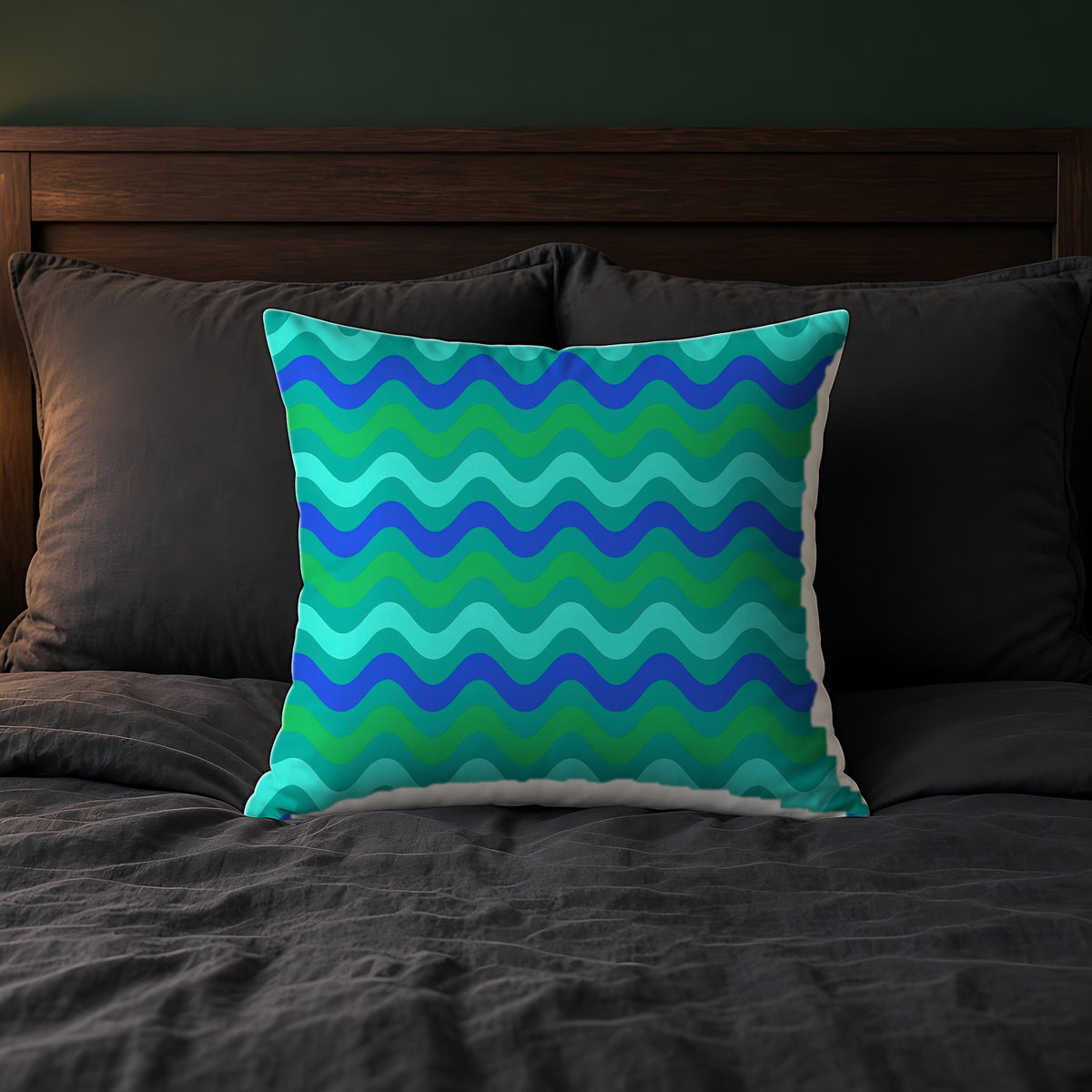 Big Ripple Chevrons Faux Suede Cushion on a bed with charcoal bedding