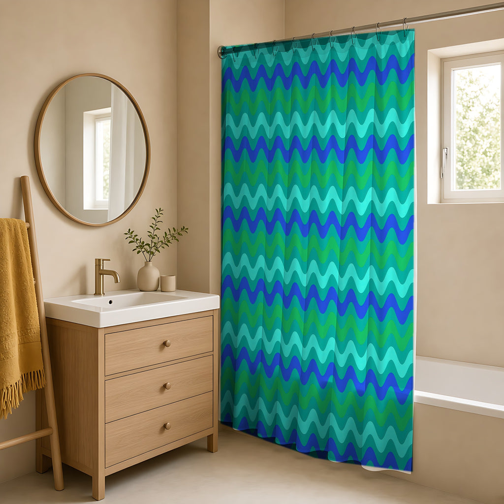 Big Ripple Chevrons Shower Curtain in a warm neutral bathroom with an oak vanity