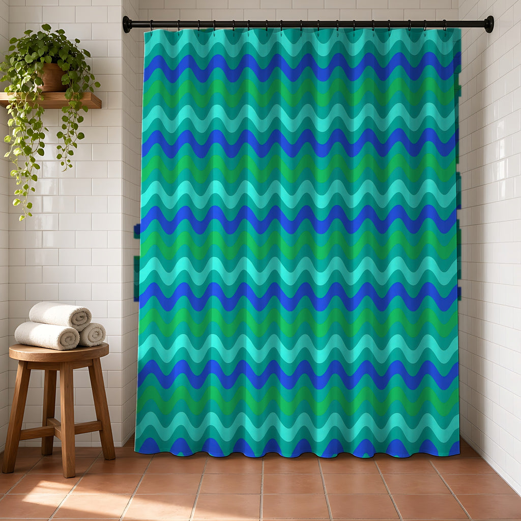 Big Ripple Chevrons Shower Curtain in a bright bathroom with white tiles and a terracotta floor