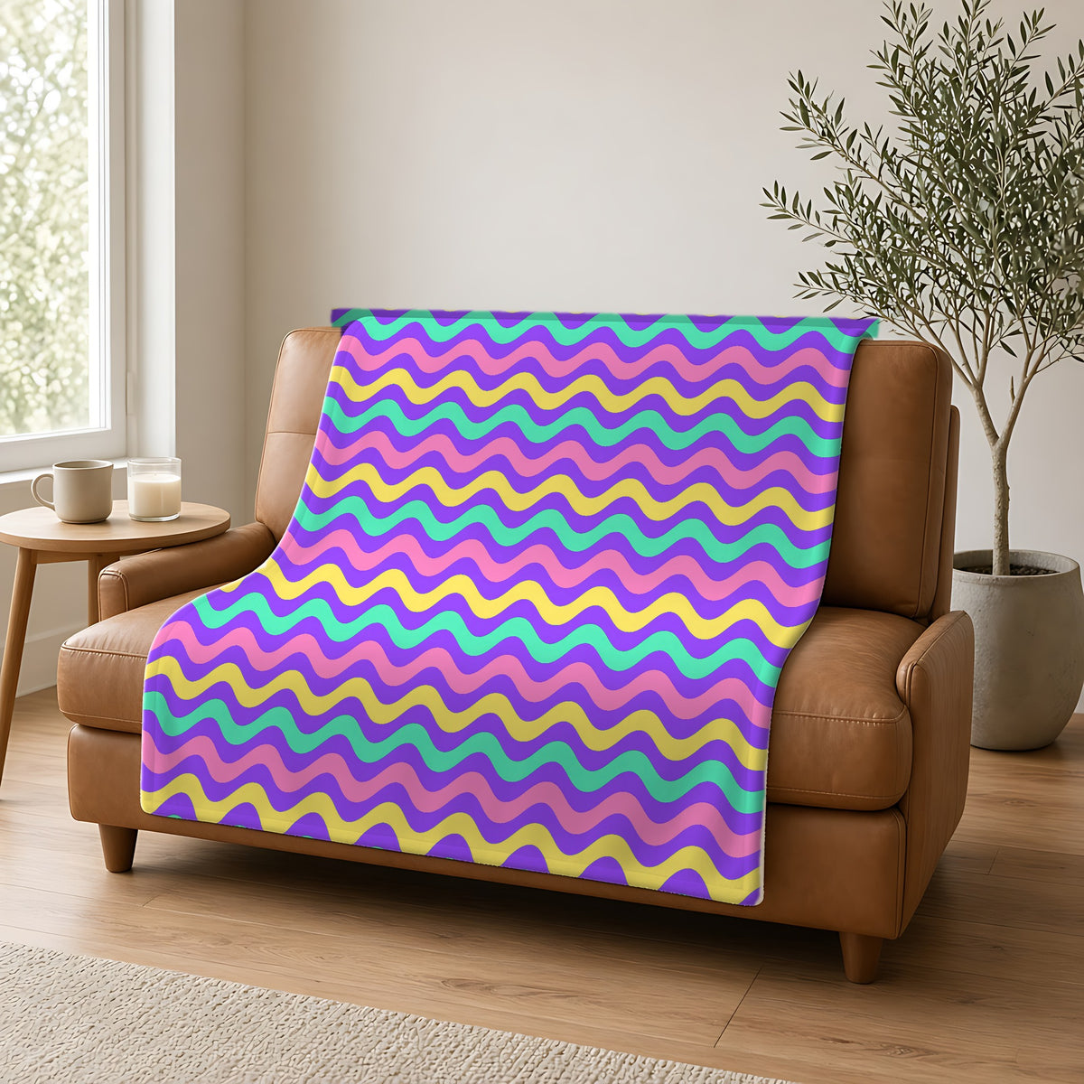 Big Ripple Chevrons Sherpa Fleece Blanket draped over a caramel leather sofa
