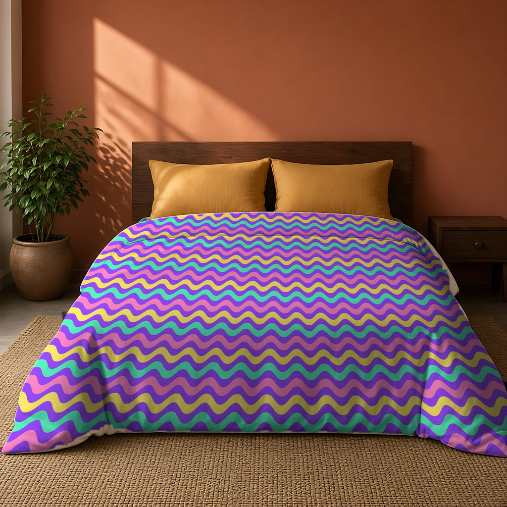 Big Ripple Chevrons Comforter on a king bed against a warm terracotta wall
