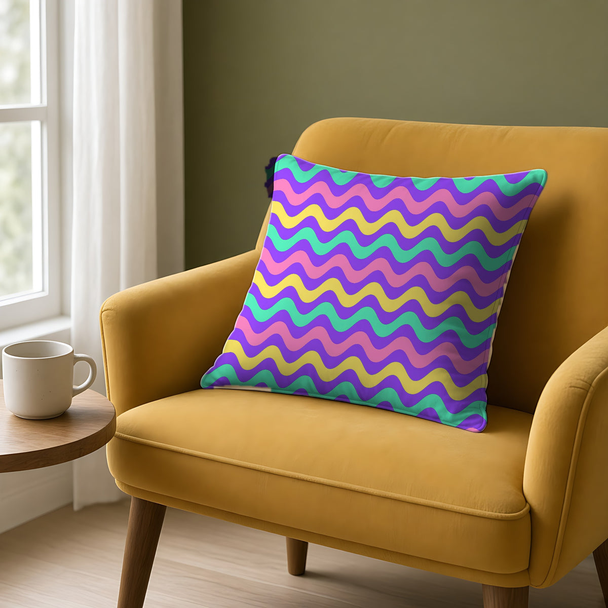Big Ripple Chevrons Faux Suede Cushion on a mustard armchair by a window