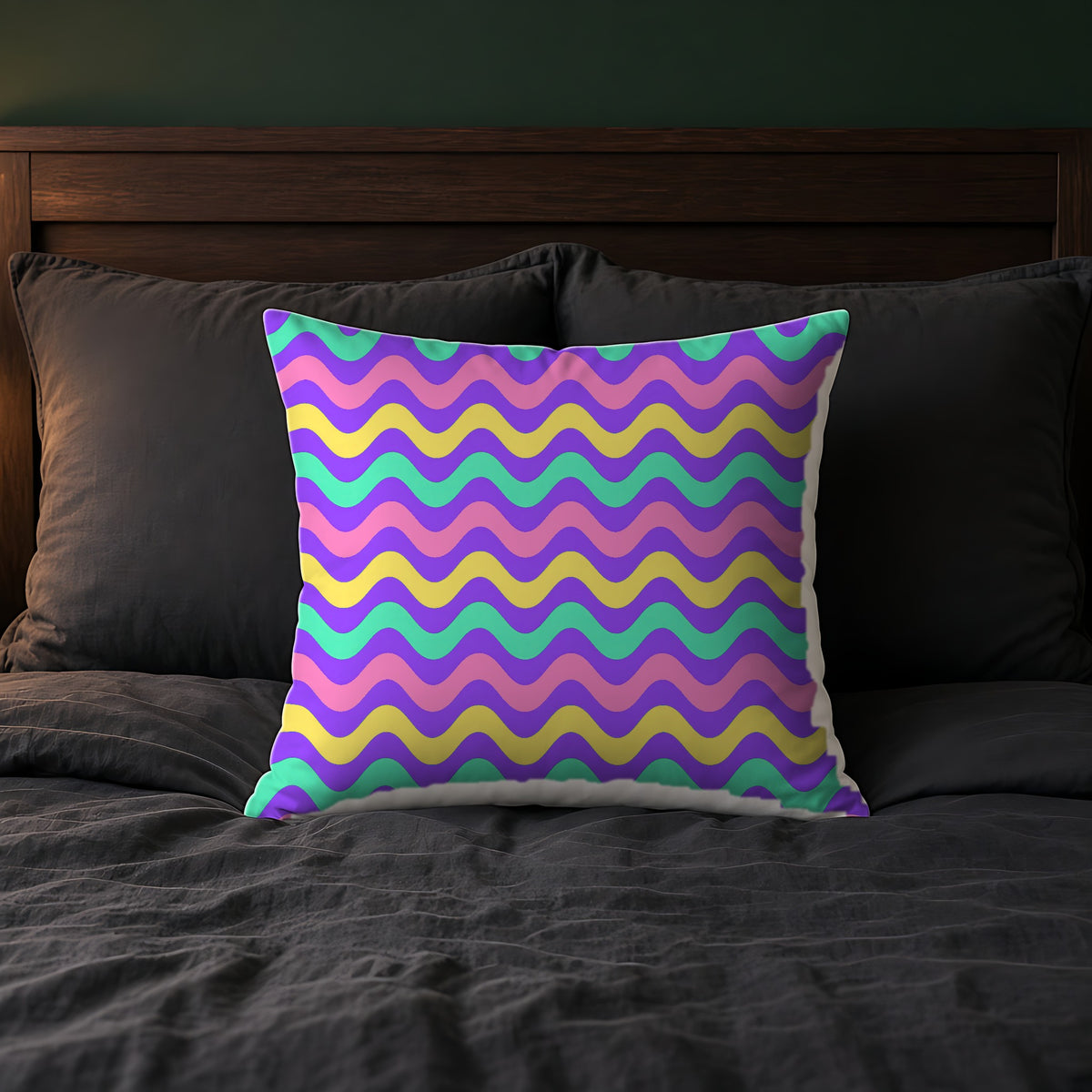 Big Ripple Chevrons Faux Suede Cushion on a bed with charcoal bedding