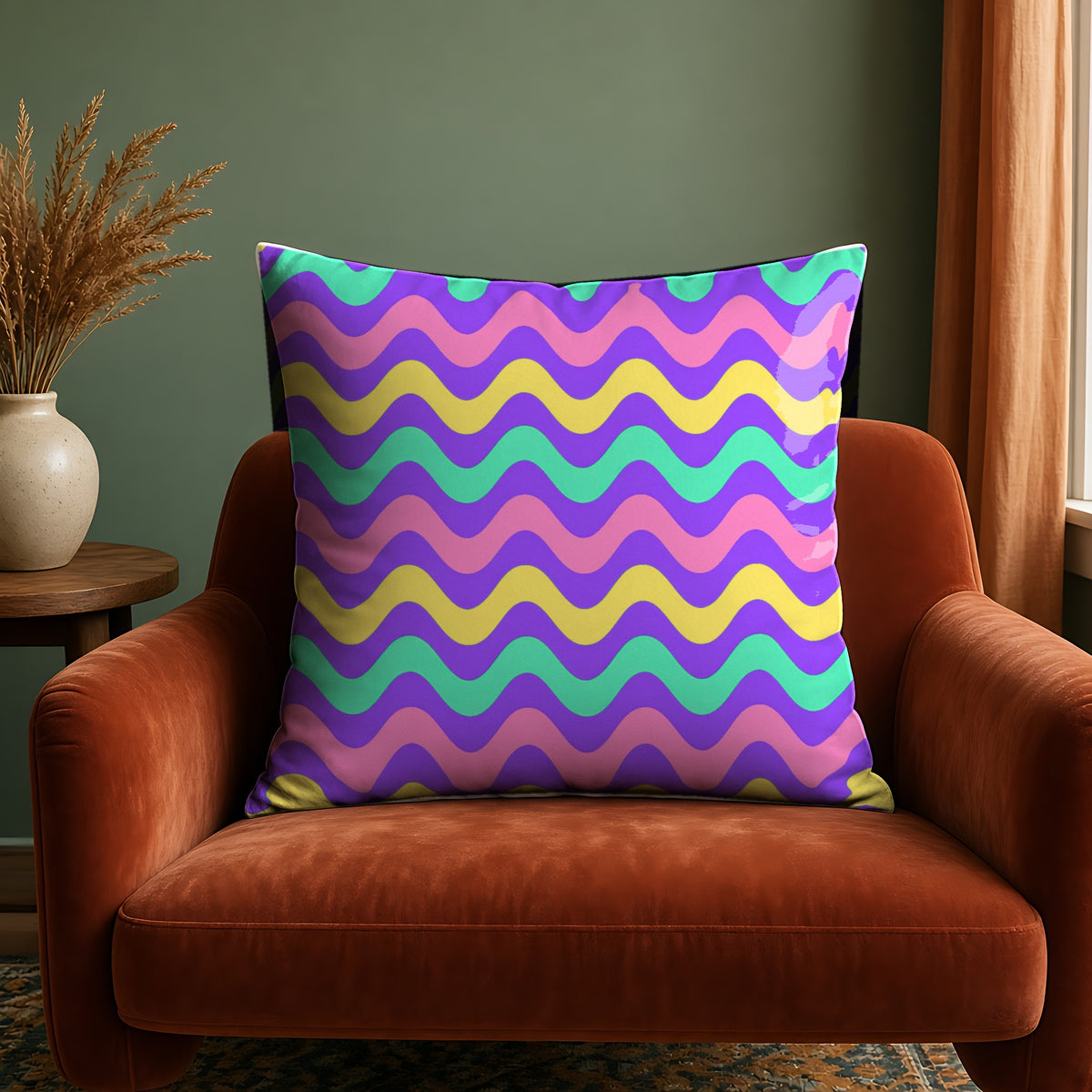 Big Ripple Chevrons Faux Suede Cushion in the Candy Pastel on Grape palette, on a rust velvet armchair against a sage wall