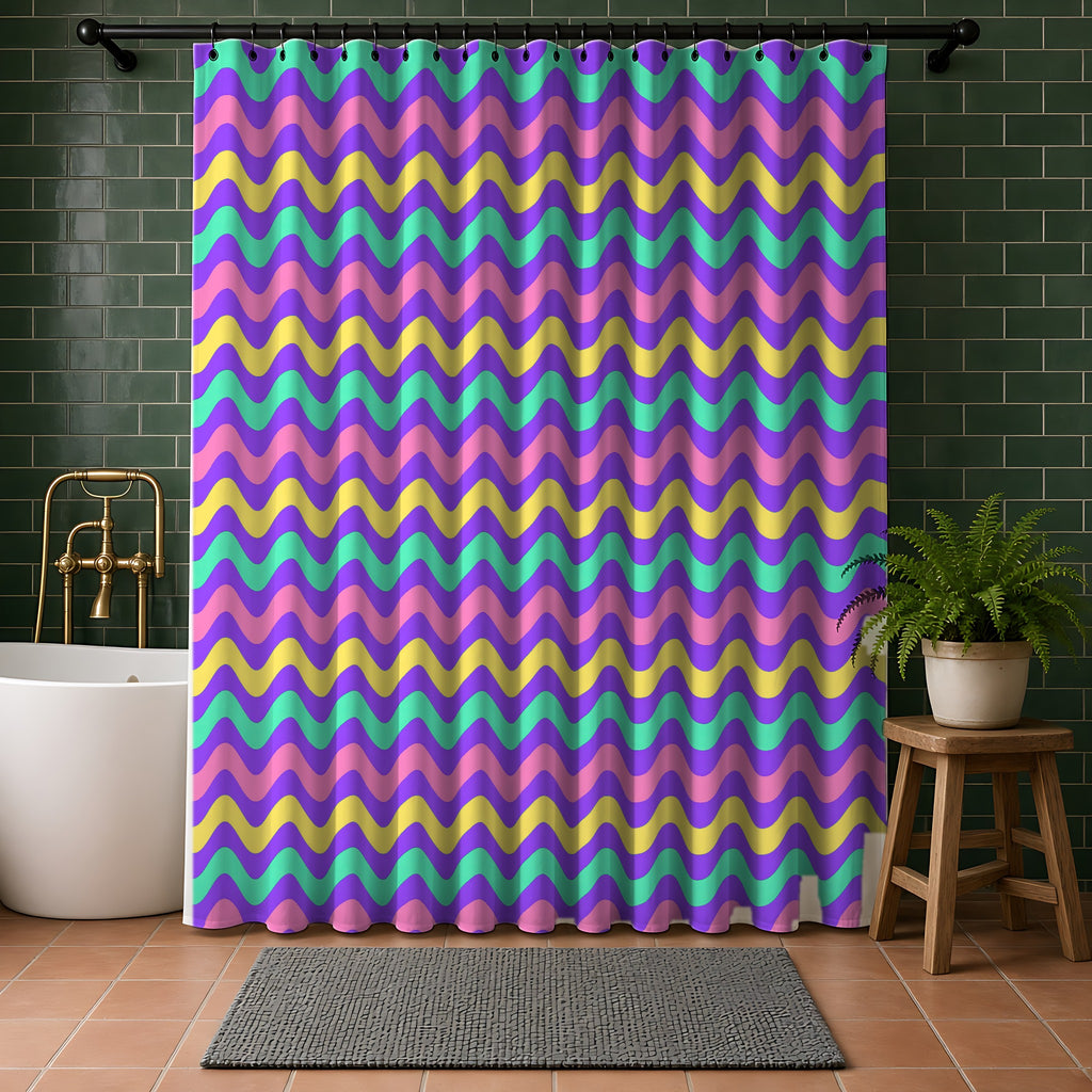 Big Ripple Chevrons Shower Curtain in a bathroom with dark green tiles